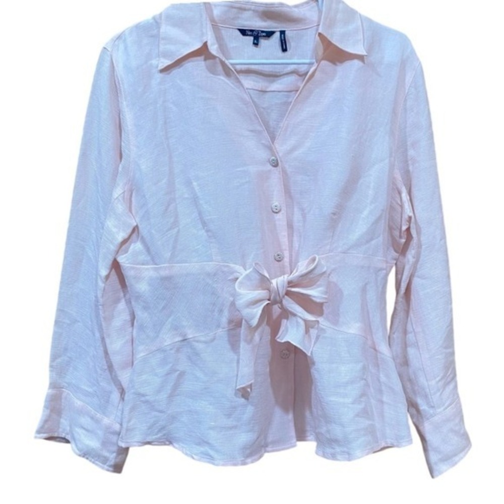 Nic + Zoe Women's Pink Button-Up Tie Front Silk Linen Blend Blouse with Bow SZ L